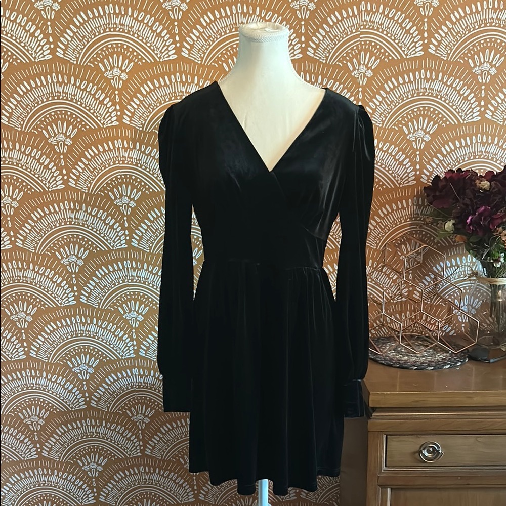 She + Sky Elegant Black Velvet Long Sleeve Dress